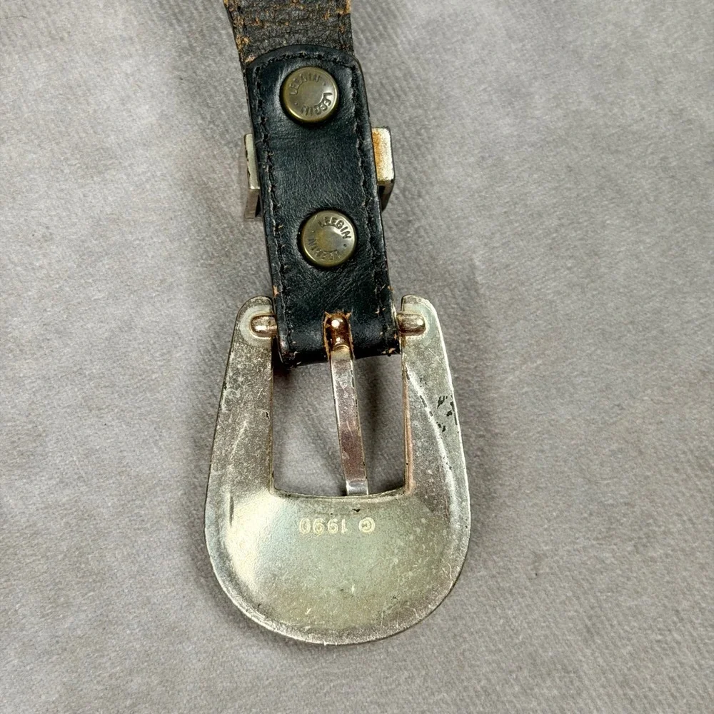 Vintage Silver Creek Black Leather Western Bull Skull Concho Belt 1990 USA Made